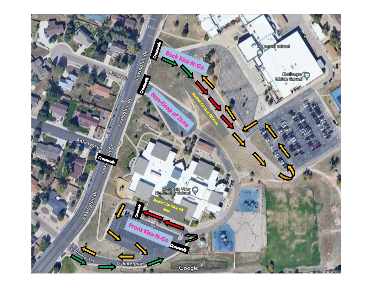 An overhead view of our school and our Kiss N Go traffic pattern.